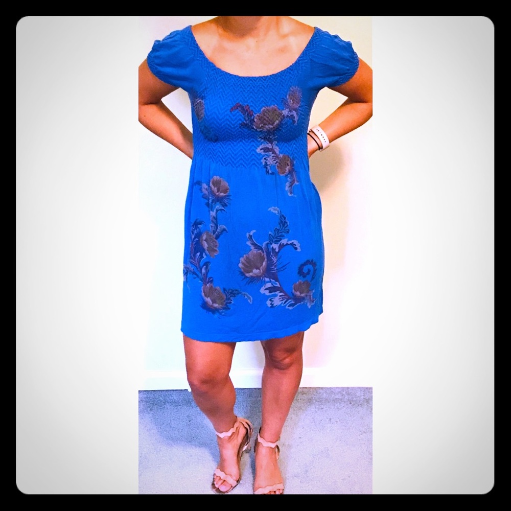 Blue Scoop- Neck, Floral, Above the Knee Dress